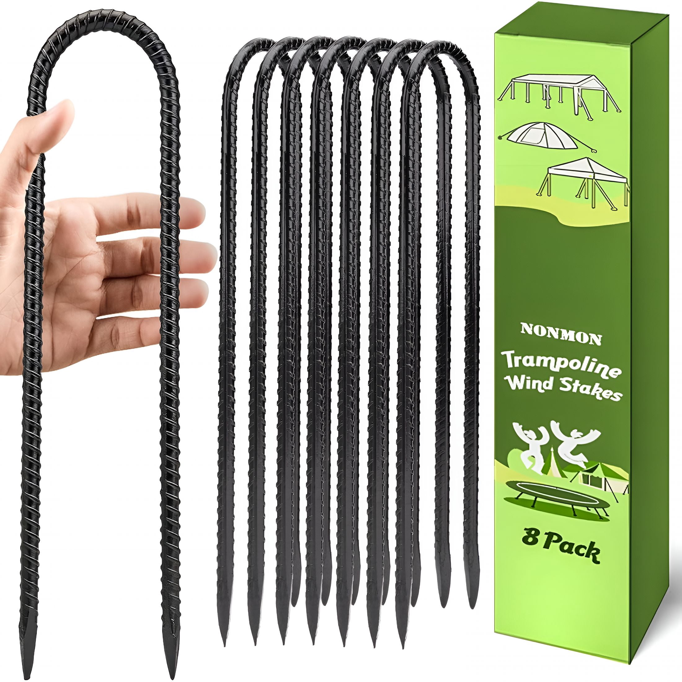ZHZFKQ 12 Inch 8 Pack Trampoline Stakes Ground Stakes Heavy Duty Ground Anchors Rebar Stakes Garden Stakes U Hook Galvanized Steel Tent Stakes,For Camping Tents Soccer Goals,Black
