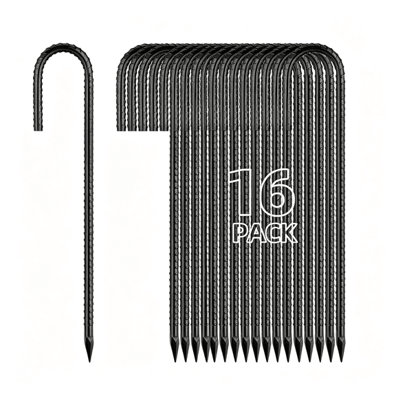ZHZFKQ 12In Rebar Stakes J Hook Ground Stakes 16-Pack Heavy Duty Galvanized Chain Link Fence Stakes Metal Tent Stakes for Outdoor Lawn Decorations Inflatables Canopy Swing Set