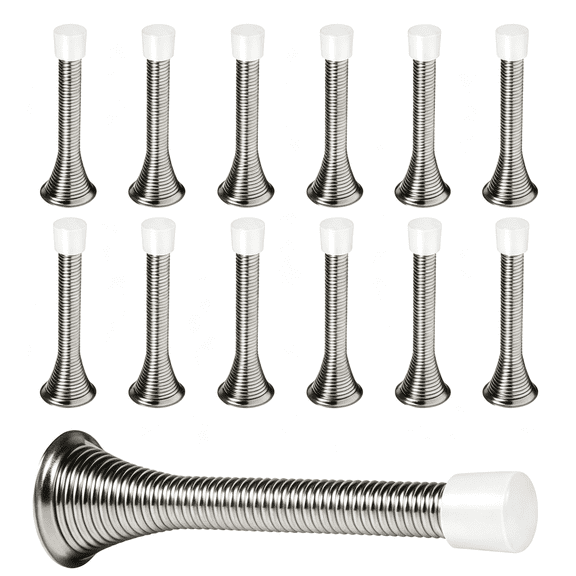 ZHZFKQ 12Pcs Spring Door Stops 3 1/4"Flexible Heavy Duty Spring Door Stopper with Rustproof Screw Rubber Bumper Tips(Satin Nickel)Reliable Door Stops