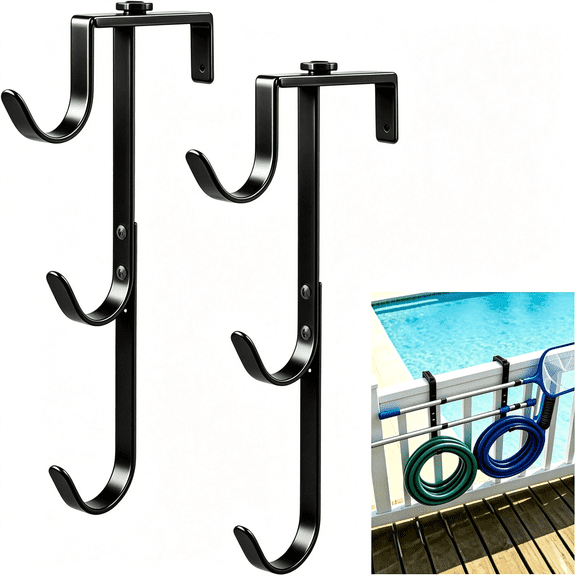 ZHZFKQ 2 Pack 3-Tier Pool Fence Hooks for Pool Equipment, Adjustable Heavy Duty Pool Pole Hanger Holder, Rustproof Hooks for Pool Skimmer Pole Vacuum Hose Net Leaf Rakes Garden Tool Organizer