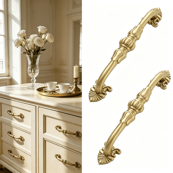 ZHZFKQ 2 Pack Antique Brass Cabinet Handles 5 Inch French Provincial Drawer Pulls Vintage Cabinet Hardware Floral Drawer Pull Solid Brass Antique Gold Handles for Dresser - Pure Gold