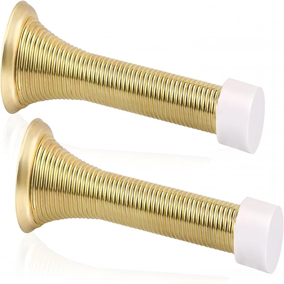 ZHZFKQ 2 Pack Spring Door Stopper Bright Brass - 3-1/4" Flexible Gold Spring Door Stops with White Rubber Bumper Tips