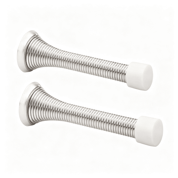 ZHZFKQ 2 Pack Spring Door Stopper Brushed Satin Nickel- 3-1/4" Flexible Spring Door Stops with White Rubber Bumper Tips Flexible Spring Doorstop