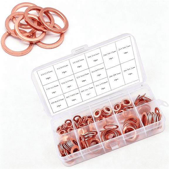 ZHZFKQ 200 Pcs Car Copper Crush Washers Assortment Kit, Flat Sealing Rings with M5-M14 9 Sizes, Oil Pan Plug Sealing Gaskets for Automotive, Plumbing & Mechanical Use (Gold)