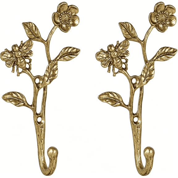 ZHZFKQ 2Pcs Metal Dark Gold Coat Hooks with 3D Bee & Flowers Shape, for Entryway, Bathroom, Bedroom Farmhouse Decoration