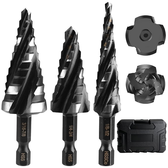 ZHZFKQ 3-Piece Unibit Step Drill Bit for Metal,Hss Step Bit Set,1/8"-7/8"|Four Spiral Flute,Bright Ground&Nitrided Finish,34 Sizes,1/4"&3/8 "Hex Shank,For Metal,Wood,Plastic,Storage Case