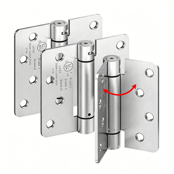 ZHZFKQ 4" Self Closing Door Hinges,3Pcs Spring Hinges,1/4" Radius Corners Spring Loaded Hinges,Adjustable Tension for Exterior,Garage,Front Back Door,Left&Right Hand Door,Ul Listed,Brushed Nickel