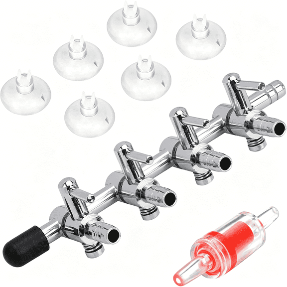 ZHZFKQ 4-Way Aquarium Air Flow Control Lever Valve Manifold for Air Pumps Fish Tank Multi-Port Distributor Splitter with 1 Non-Return Check Valve and 6 Suction Cup Clips