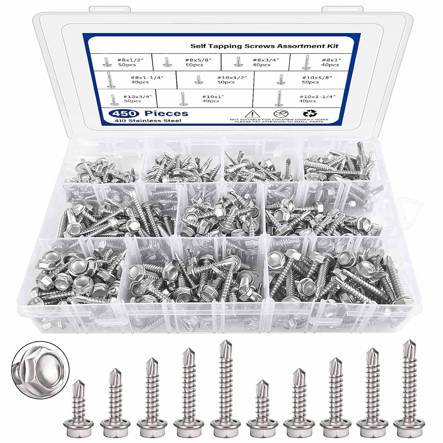 ZHZFKQ 450Pcs Self Tapping Screws for Metal,410 Stainless Steel Self ...