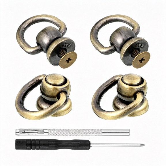 ZHZFKQ 4Pcs D Rings for Purse Stud Screw Ball Studs,Antique Brass Rivets for Leather Metal D Ring Rotatable Purses Strap Hardware Button Stud Screw Kit for Repair Purses Dog Collar Diycrafts