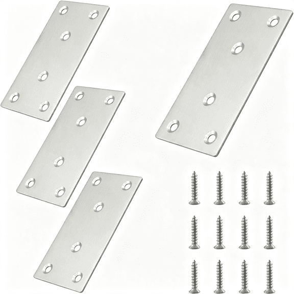 ZHZFKQ 4Pcs Metal Flat Straight Brace Bracket, 4'' X 2'' (L X W) , Silver | Stainless Steel, Mending Plate, Joining Bracket Wood Connectors, for Furniture Corner Braces, with Screws