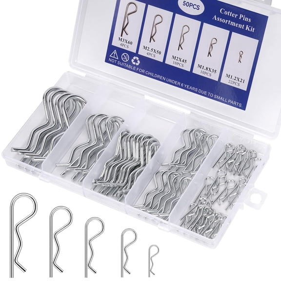 ZHZFKQ 50Pcs Cotter Pins, Cotter Pin Assortment Kit, Heavy Duty R Clips Hardware Pins, Spring Fasteners Hitch Pin for Trailer Locking, Lawn Mowers, Trucks, Mechanics and Diy Choice