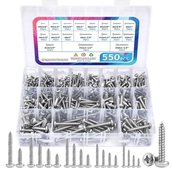 ZHZFKQ 550Pcs 304 Stainless Steel Wood Screws Assortment Kit, Phillips Pan Head Sheet Metal Screw Self Tapping Screws Set, #4 #6 #8 #10 #12 Wood Assorted Screws, Length 1/4" to 1-1/2"