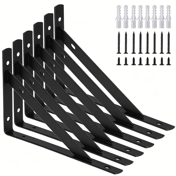 ZHZFKQ 6 Pack Heavy Duty Shelf Brackets,8*5 Inch Wall Mount L-Shaped Shelf Bracket for Floating,Black Metal Shelf Brackets with Screws,90 Degree Triangle Corner Brace Joint Angle Bracket