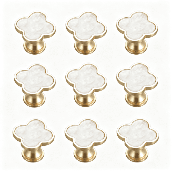 ZHZFKQ 6 Pcs Brass Four-Leaf Clover Knobs Handle,Gold Cabinet Knobs Cabinet Drawer Dresser Furniture Kitchen Wardrobe Bathroom Decorative Door Pulls Zinc Alloy Single Hole Handle(White)