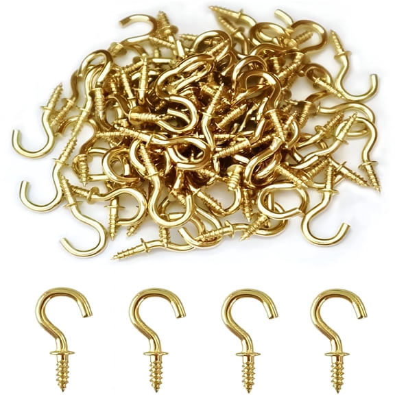 ZHZFKQ 60 Pack Brass Plated Ceiling Hooks, 0.83 Inch Screw In Eye Hooks, Rust Resistant Hardware for Hanging Plants, Curtains, Lights, and Crafts