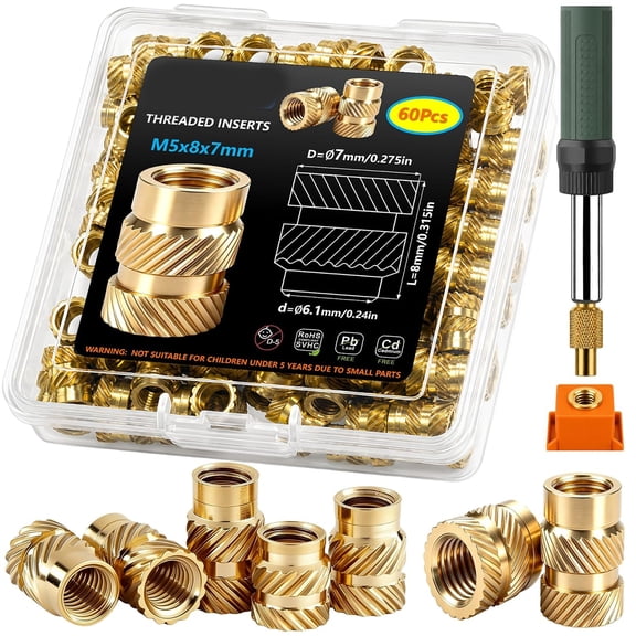 ZHZFKQ 60Pcs Brass Threaded Inserts Kit M5X8X7 Heat Set for 3D Printing,M5 Heat Set Insert,Brass Knurled Nuts Female Thread for Plastic Pla Petg Abs Pps,Lead-Free,Sturdy Case,Iron Not Included