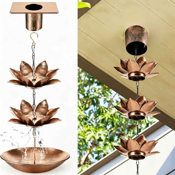 ZHZFKQ 8.5Ft Rain Chains for Gutters Outside with Anchor Basin 12 Cups Rain Chain Catcher Downspout Replacement Adjustable Metal Garden Rainwater Divert for Eaves Drainage(Flower)
