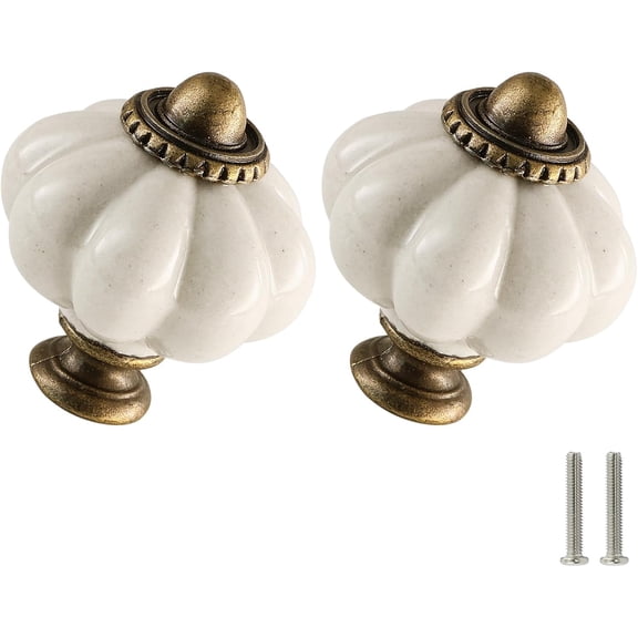 ZHZFKQ Antique White Pumpkin Knobs 2 Pack Ceramic Cabinet Knobs Vintage Drawer Pulls - Antique Dresser Pulls with Screws for Closet Drawer Cupboard Cabinet and DIY Home Project