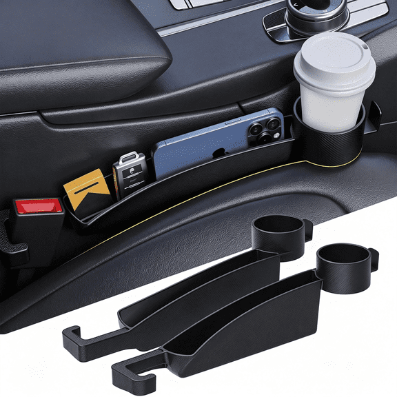 ZHZFKQ Car Seat Gap Filler Set of 2,D Car Side Seat Gap Fillers with Organizer,Cup Holder & Hook Function,Inserts Between Front Seats Console Catcher 4In1 Gap Stopper Fill Plug Storage Box (Black)