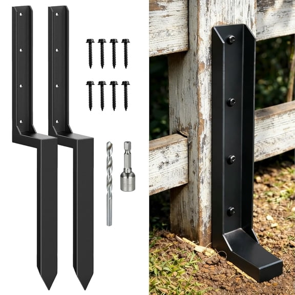 ZHZFKQ Fence Post Repair Kit Heavy Duty-Thickened Steel Fence Post Anchor Ground Spike,Fence Repair Kit Quick Fix Broken/Leaning Wood Fence Posts,Wooden Fence Post Stabilizer Stakes(2 Pack,Black)