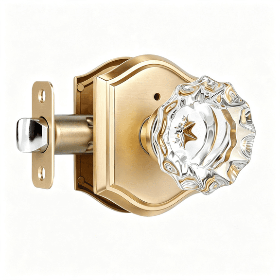 ZHZFKQ Glass Door Knobs Interior with Lock, Crystal Privacy Gold Door Knob Satin Brass Door Knobs for Bedroom Bathroom, 1 Pack Secure Locking Cabinet Locks with Keys