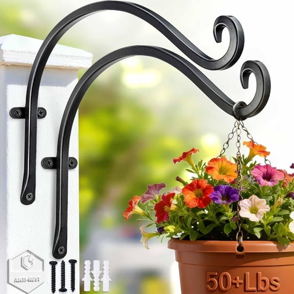 ZHZFKQ Heavy-Duty Plant Hanger Outdoor-Can Hold 50 Lbs Plant Basket Or Large Bird Feeder-12 Inch Solid Iron Windproof,Rustproof Wall Hooks-With Triangular Stability-2 Pieces