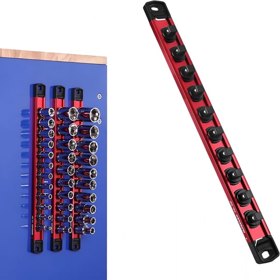 ZHZFKQ Magnetic Socket Organizer, 3/8" Drive Aluminum Alloy Socket Holder with 10PC Removable Socket Clips for Quick Customization, Socket Rail for Tool Box Drawer