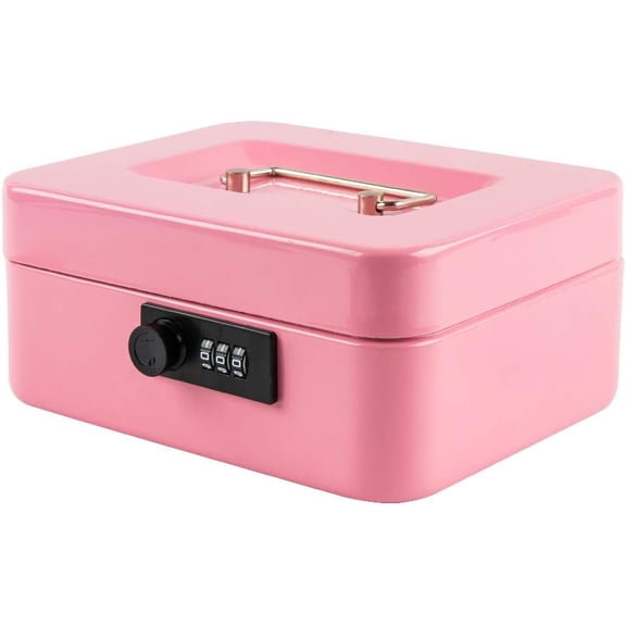 ZHZFKQ Medium Cash Box with Combination Lock Safe Metal Money Box with Money Tray for Security Lock Box 7.87x 6.30x 3.54Inch Pink Medium