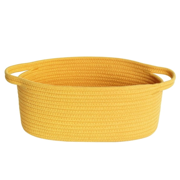ZHZFKQ Small Yellow Woven Basket, 13"X 9"X 5" Gift Basket Empty, Cotton Rope Kids Dog Cat Toy Bin Box, Cute Baby Nursery Easter Organizer, Decorative Storage with Handle, Yellow Room Decor