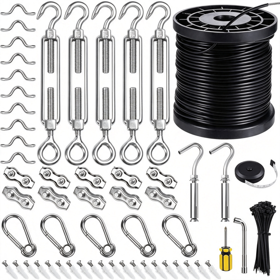 ZHZFKQ String Light Hanging Kits,250Ft Coated Stainless Steel 304 Wire Rope | Outdoor Light Guide Wire,Globe String Light Suspension Kit Included Turnbuckles,Enough Accessories,Use Manual
