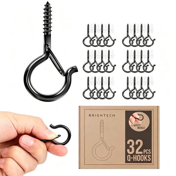 ZHZFKQ String Light Screw Hooks-Ceiling Hooks for Hanging Solar,Plug-In Lights,Outdoor String Lights-Q Hooks with Safety Buckle Design for Porch,Patio-32 Pack,Black