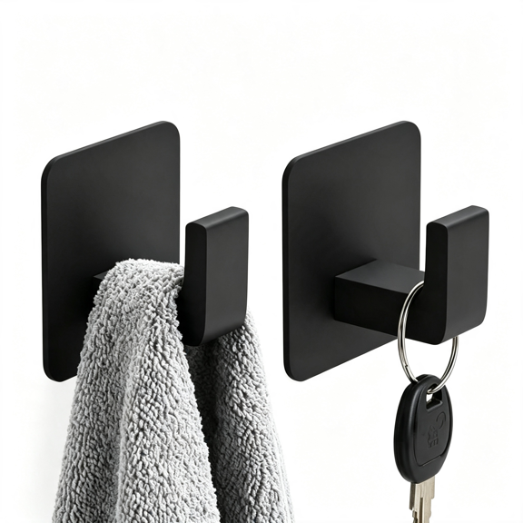 ZHZFKQ Towel Hooks Adhesive No Drill, 2 Pack Matte Black Metal Hooks, Right Angle Design for Bathroom, Kitchen, Cabinet, Door, Holds Robes, Hats, Coats, Organizer for Smooth Surfaces