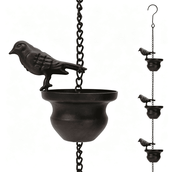 ZHZFKQ Vintage Bird Shaped Rain Chain Catcher - Decorative Hanging Gutter Chains for Outside Gutters,8 Feet (About 2.4 Meters) with Attached Hanger,Drain Garden Mobile Birds Steering Wheel