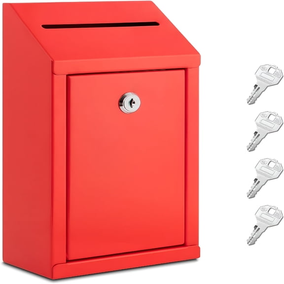 ZHZFKQ Wall Mounted Metal Donation Box with Lock, Red Cash Drop & Suggestion Box with 4 Keys