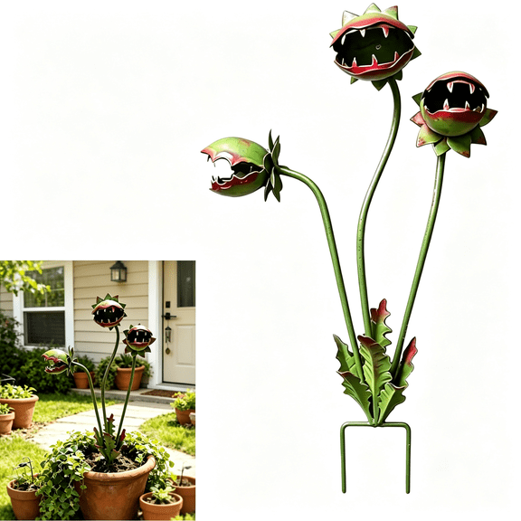 ZHZFKQ Whimsical Metal Carnivorous Plant Garden Stake, 25 Inch Large Venus Flytrap Sculpture, Durable Yard Art Decor for Outdoor Patios Lawn Planters Flower Beds, Unique Quirky Garden Gift