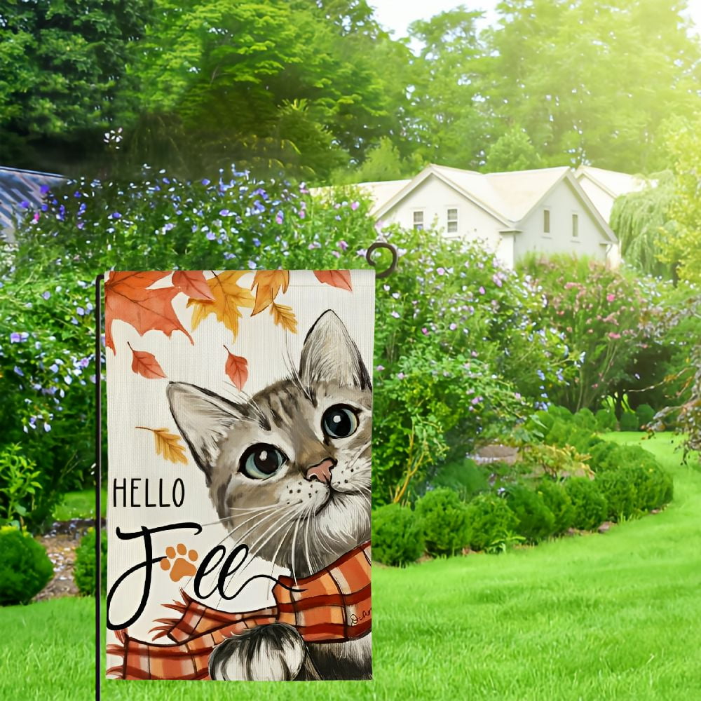 ZHZY Hello Fall Cat Garden Flag Double Sided Small Burlap for Outside ...