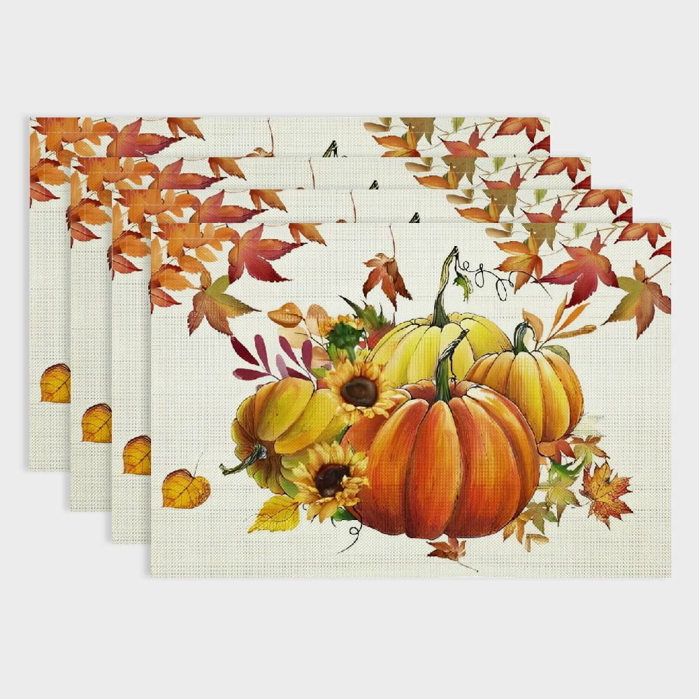 ZHZY Pumpkins Maple Leaves Fall Vinyl Placemats, Wipeable Colorful Printing PVC Place Mats for