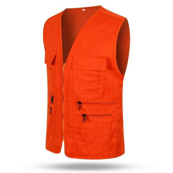 ZHaobin 2024 Men's Multi-pocket Vest Casual Fishing Vest Men's Solid Color Overalls Sleeveless Zipper Director Vest (Orange,XXL)