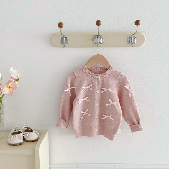 ZHaobin Baby Clothing Fashion Long Sleeve Knitted Cardigan Coat 2024 Children New Autumn Sweater Girl Baby Sweet Bow Design Sense Top (Pink,18M)