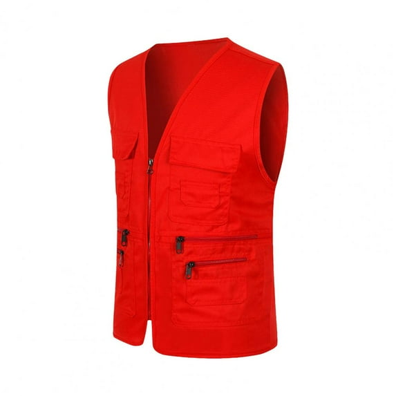 ZHaobin Cargo Waistcoat Men Men's Summer Cargo Waistcoat with Multi Pockets V-neck Design Zipper Placket Sports Vest for Safety Work (Red,2XL)