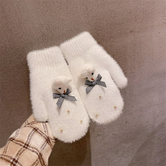 ZHaobin Christmas Full Finger Mittens Women Girl Winter Snow Bow Plush Gloves Cute Bear Gloves Warm Thicken Knitted Gloves Gifts (D)