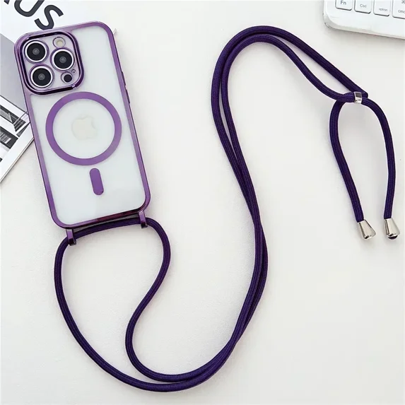 ZHaobin Crossboby Lanyard Plating Clear Phone Case for iPhone 16 15 14 13 12 11 Pro Max for Magsafe Magnetic Necklace Cord Strap Cover (iPhone 15 Pro Max,Purple)