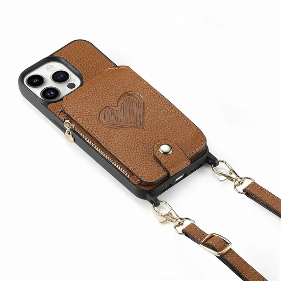 ZHaobin Crossbody Lanyard Zipper Leather Wallet Case Phone Cover for iPhone 16 14 11 12 13 15 Pro Max Magnetic Card Slot Holder Shell (For iPhone 13Pro Max,Brown)