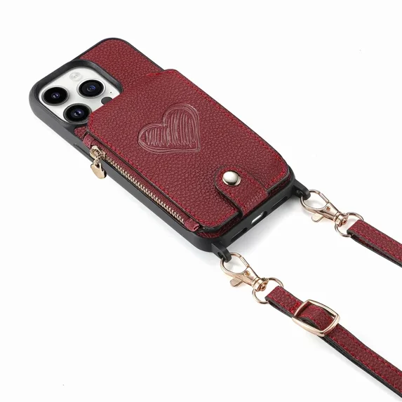 ZHaobin Crossbody Lanyard Zipper Leather Wallet Case Phone Cover for iPhone 16 14 11 12 13 15 Pro Max Magnetic Card Slot Holder Shell (For iPhone 13Pro Max,Red)