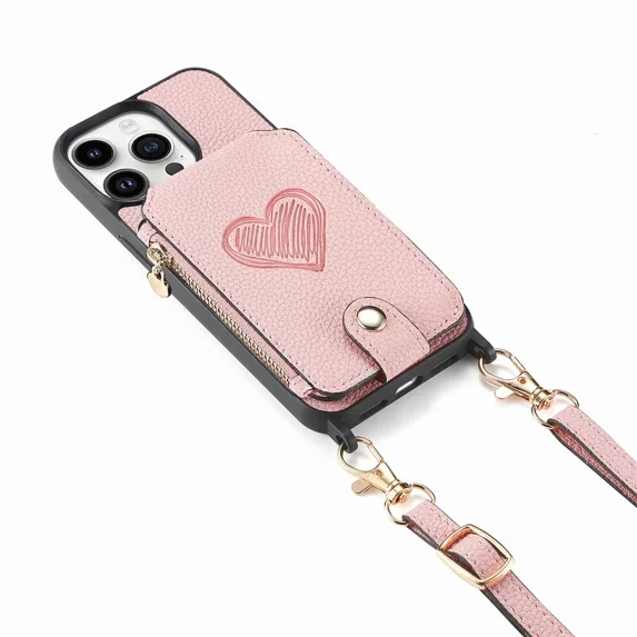 ZHaobin Crossbody Lanyard Zipper Leather Wallet Case Phone Cover for iPhone 16 14 11 12 13 15 Pro Max Magnetic Card Slot Holder Shell (For iPhone 14 Pro,Pink)