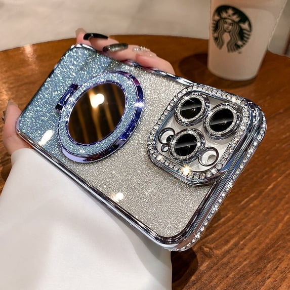 ZHaobin Diamond Clear Glitter Magsafe Case for iPhone 16 14 Pro Max 15Plus Mirror Magnetic Phone Holder Stand Soft Cover (Blue,For iPhone 14ProMax)