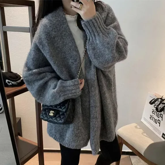 ZHaobin Knitted Cardigan Women Oversized Sweater Coat Korean Fashion Thicken Knitwear Winter Streetwear Casual Jumpers (GRAY,One Size)