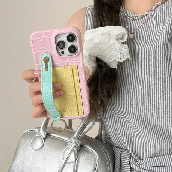 ZHaobin Leather Strap Color Contrast Crocodile Pattern Phone Case for iPhone 16 15 14 13 Pro Max Full Cover (Pink,For iPhone 16,PC + TPU)