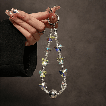 ZHaobin Luxury Glitter Laser Butterfly Beaded Phone Charm Accessories Chain for iPhone Camera Hanging Rope Lanyard Hanging Jewelry Girl (A)